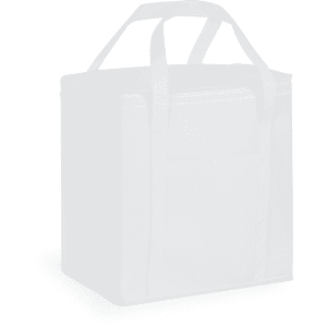 A 20-litre non-woven cooler bag in white, featuring handles and a front pocket. It has a logo on the side.