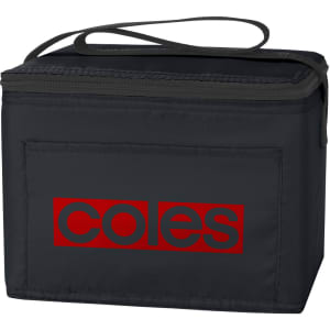 A black nylon cooler bag with a handle and a front pocket, featuring a logo on the side.