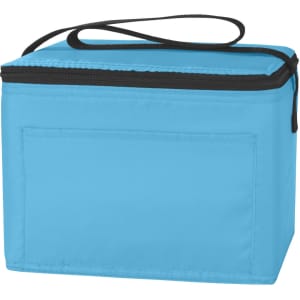 A blue nylon cooler bag with a zip closure and a carrying handle. It features a front pocket and has a simple design.