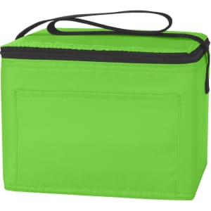 A green nylon cooler bag with a zipper and a black handle, featuring a plain front panel and a boxy shape.