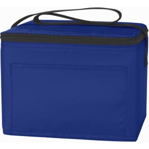 A blue nylon cooler bag with a zippered top and a carry strap. It has a front pocket and features branding.