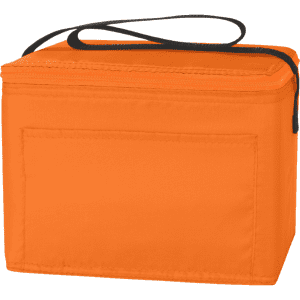 An orange nylon cooler bag with a zip closure and a black handle on top. It has a plain design and features a branding logo.