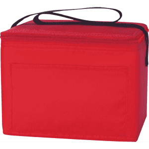 A red nylon cooler bag with a zip closure and a handle, featuring a plain design with a logo.
