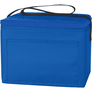 A blue nylon cooler bag with a zippered closure and a black shoulder strap. It features a flat front pocket and branding.