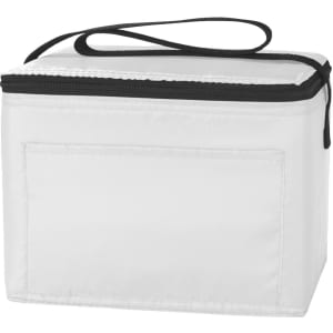 A white cooler bag made of nylon with a zip closure and a black strap. The bag features a plain exterior with no visible branding.