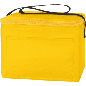 A yellow nylon cooler bag with a zipper and a black handle, featuring a side pocket.