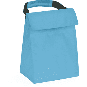 A blue cooler bag with a black grip handle and a fold-over top closure. It features a simple design and no visible logo.