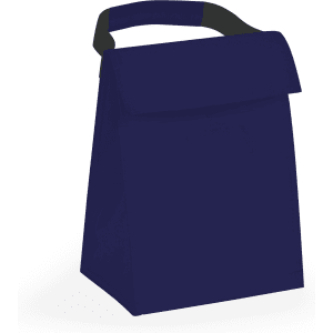 A navy cooler bag with a grip handle, featuring a simple design and a fold-over flap closure.