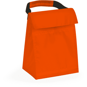 An orange cooler bag with a black grip handle, featuring a fold-over flap and a simple design.