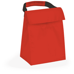 A red cooler bag with a black grip handle, featuring a simple rectangular design and a fold-over top.