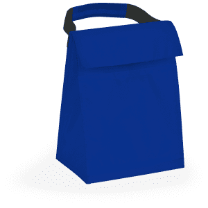 A blue cooler bag with a black grip handle and a flap closure, designed for carrying food and drinks.