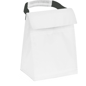 A white cooler bag with a black grip handle, featuring a fold-over flap and a sleek design.