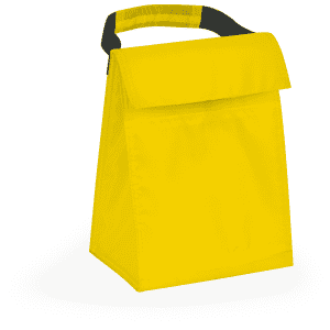 A yellow cooler bag with a black grip handle, featuring a fold-over top for secure closure.