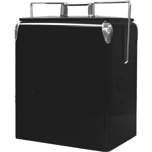 A drink bottle cooler in sleek black, featuring a metallic handle and a simple, modern design.