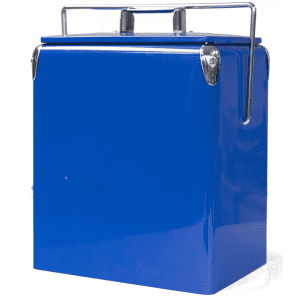 A blue metal cooler box featuring a sturdy handle and metallic accents, designed for storing drinks.