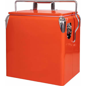 An orange metal cooler box with a silver handle and accents, designed for containing drink bottles.