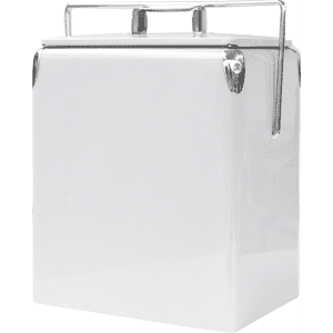 A drink bottle cooler in white with a metal handle and shiny chrome accents.