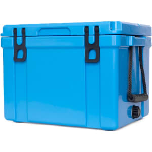 A blue 25L cooler box with black latches and a side handle, featuring a textured surface and a drainage plug.