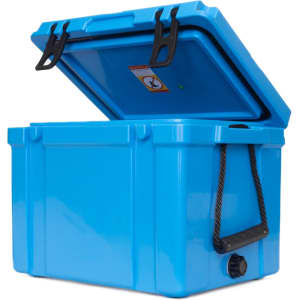 A blue 25L cooler box with an open lid, featuring a black carry handle and a drainage plug.