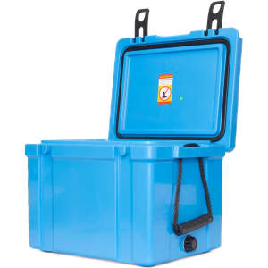 A blue cooler box with an open lid and a handle, featuring a drainage spout and a logo.