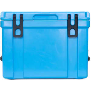 A blue cooler box with black clips and a sturdy handle, designed for keeping items cold.