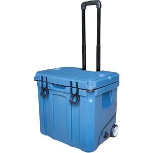 A blue cooler box with wheels and a retractable handle, designed for transporting drinks and food.