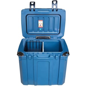 A blue cooler box with a hinged lid, featuring two compartments and an inner basket, includes a logo.