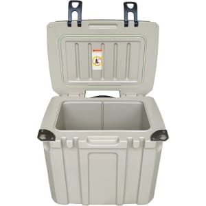 A 31L cooler box in grey with wheels and an open lid, featuring a sturdy design and a logo.