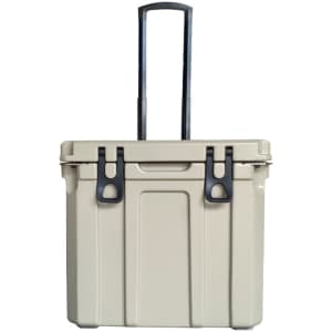 A 31L cooler box in a beige colour, featuring a retractable handle and wheels for easy transport.
