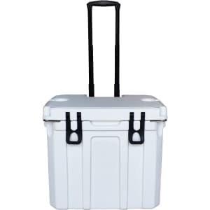 A white 31L cooler box with wheels and a retractable handle, featuring clips for secure closure.