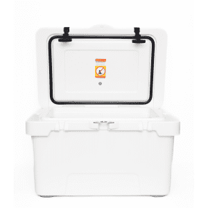 A white cooler box with a hinged lid, featuring a seal and handles, and displaying a logo on the front.
