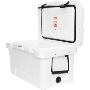 A white 31L cooler box with a hinged lid, featuring a black rubber seal and a side drain plug.