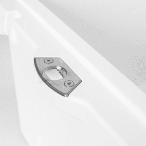 A white cooler box featuring a stainless steel bottle opener on the side, with a smooth, clean design.