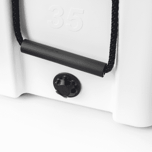 A white cooler box with a black handle and a drainage plug at the base, featuring a branding logo.