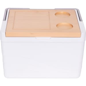A white cooler box with a wooden lid featuring two drink holders and a smooth design, including a logo.