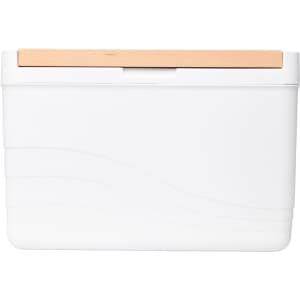 A white cooler box with a wooden lid, featuring a smooth, wavy design and a simple logo.