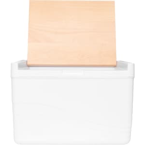 A white cooler box with a light wood lid resting on top, featuring a smooth, curved design.