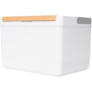 A white cooler box with a wood-accented lid and a smooth design. It features a logo on one side.