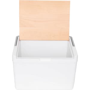A white 11L premium cooler box with a wooden lid. The box features a simple design and is brandless.