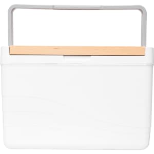 A white cooler box with a wooden handle, featuring a smooth, wavy design. It has a logo on the front.