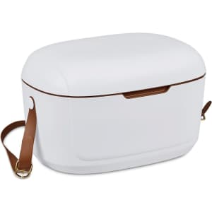 A white cooler box with a brown strap, featuring a smooth, rounded design and a sleek finish.