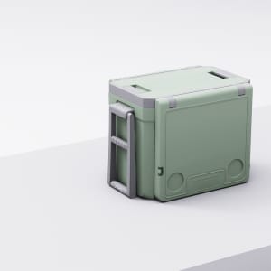 A green cooler box with a folding handle, featuring a textured lid and a compact design for outdoor use.