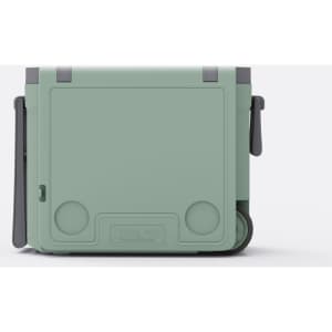 A green cooler box with a table and chair attached, featuring a handle and wheels for easy transport.