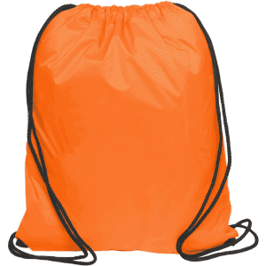 An orange nylon drawstring bag with black cords. The bag features a simple design and has a logo.