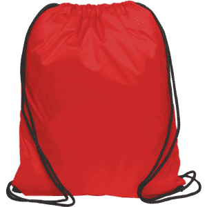 A red nylon drawstring bag with black cord straps, featuring a logo.