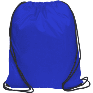 A bright blue nylon drawstring bag with black cords for closure. It features a simple design and has a logo.