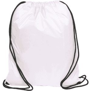 A white nylon drawstring bag with black strings and a logo.