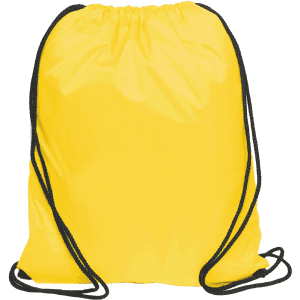 A yellow nylon drawstring bag with black cords and an underlying logo.