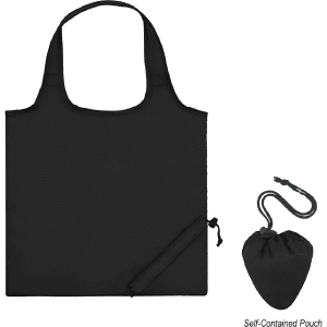 A black nylon foldable bag alongside a self-contained pouch, featuring a drawstring closure.