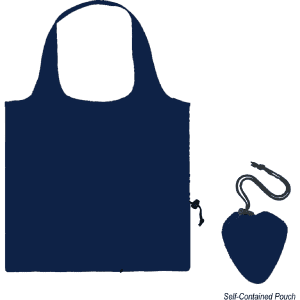 A navy blue nylon foldable bag alongside its self-contained pouch. The bag features shoulder straps and a simple design.